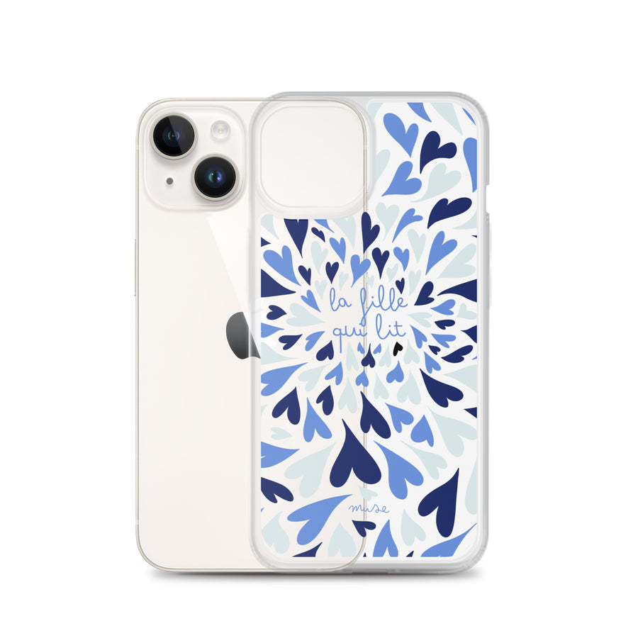 Coque transparente pour iPhone® | La fille qui lit - coeurs bleus