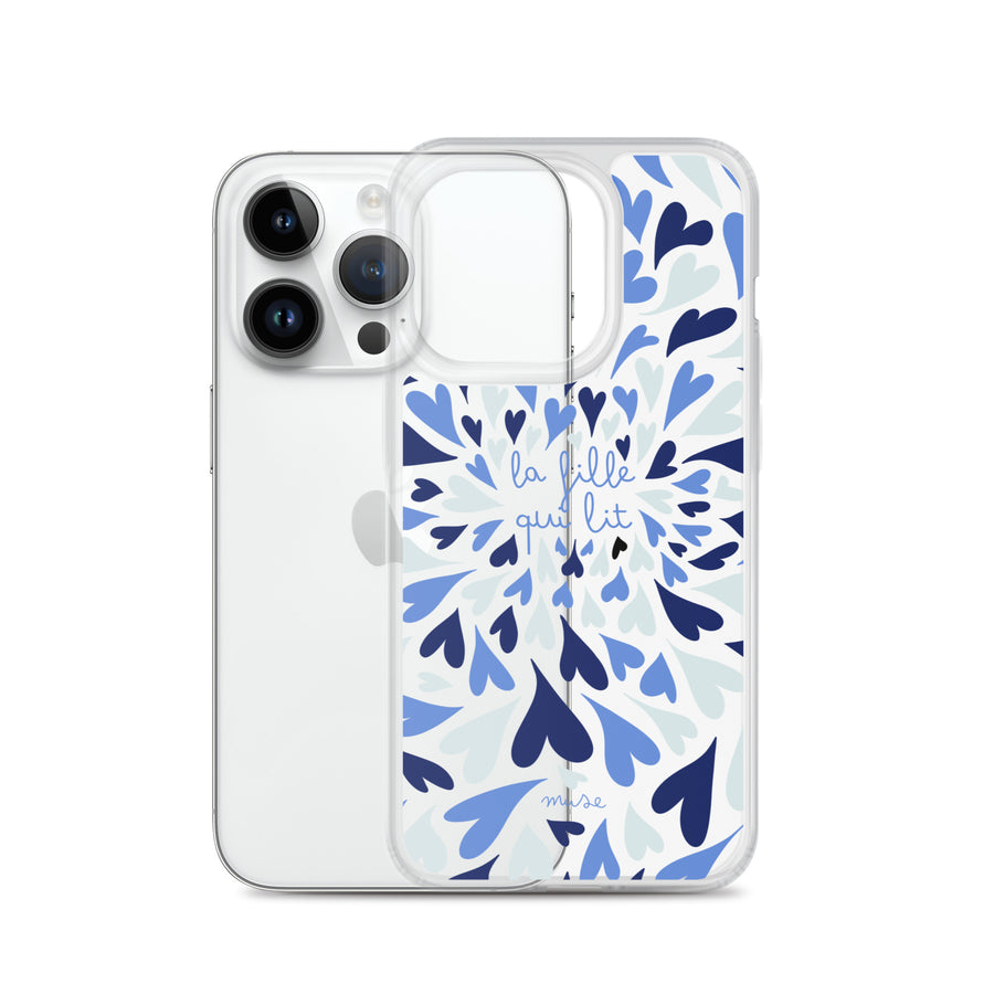 Coque transparente pour iPhone® | La fille qui lit - coeurs bleus