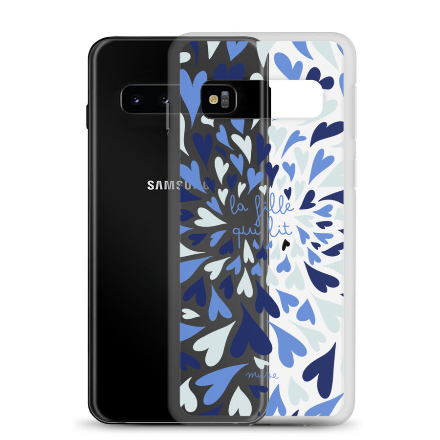 Coque transparente pour Samsung® | La fille qui lit - coeurs bleus