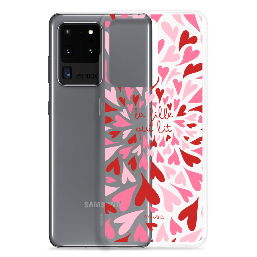 Coque transparente pour Samsung® | La fille qui lit - coeurs roses